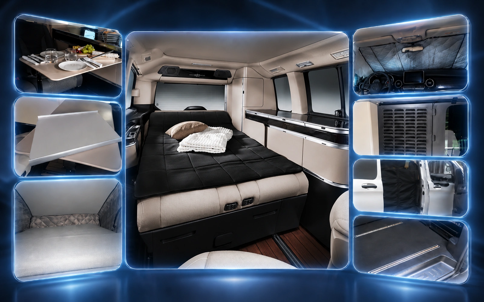 Collage eines luxuriösen Campervan-Innenraums mit Schlafbereich, Tisch, Ablagen, Verdunkelung, Stauraum und praktischen Camping-Details in blau leuchtendem Design.